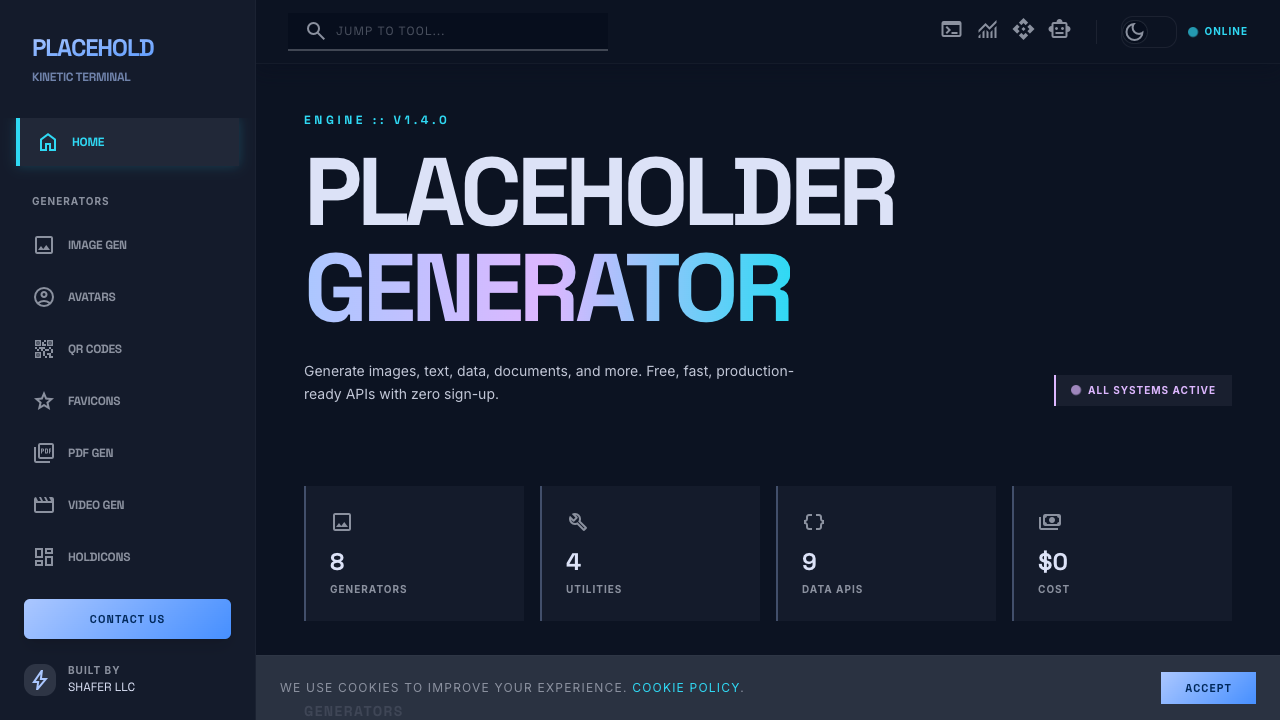 Screenshot of the placehold.cloud homepage