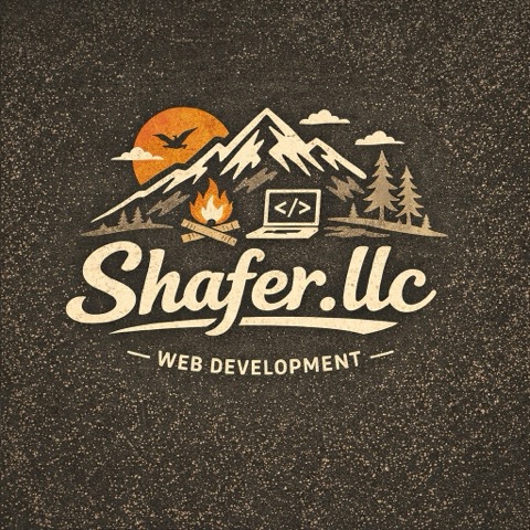 Shafer LLC — Web development logo: mountains, campfire, and code under a western sun