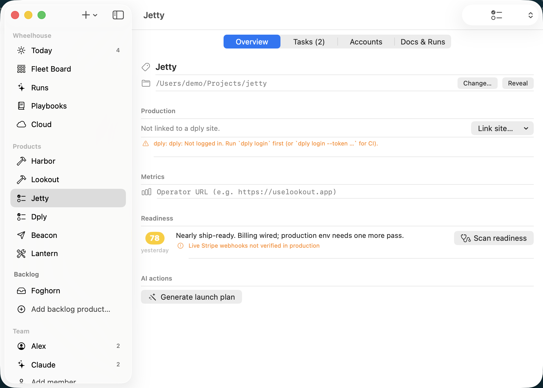 Wheelhouse product overview showing production status, dply deploy health, and a readiness score with blockers from a repo scan